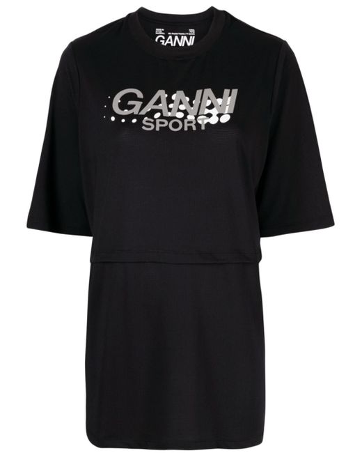 Ganni Active Mesh Layered graphic-print T-shirt