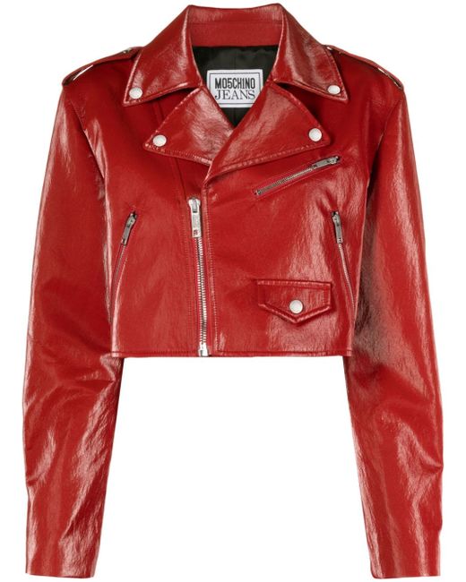 Moschino Jeans coated cropped biker jacket