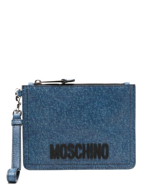 Moschino logo-lettering denim clutch bag