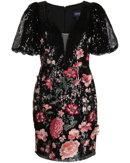 Marchesa Notte sequin-embellished floral-appliqué dress