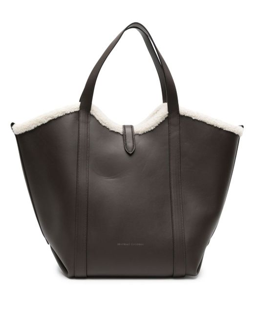 Brunello Cucinelli shearling-trim leather shopping tote bag