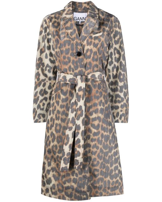 Ganni Leopard Crispy Shell belted coat