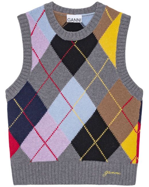 Ganni harlequin-pattern intarsia-knit vest