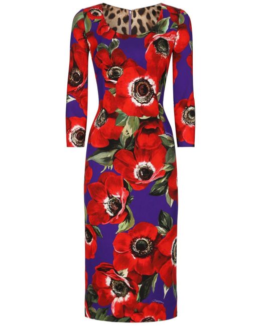 Dolce & Gabbana poppy-print round-neck midi dress
