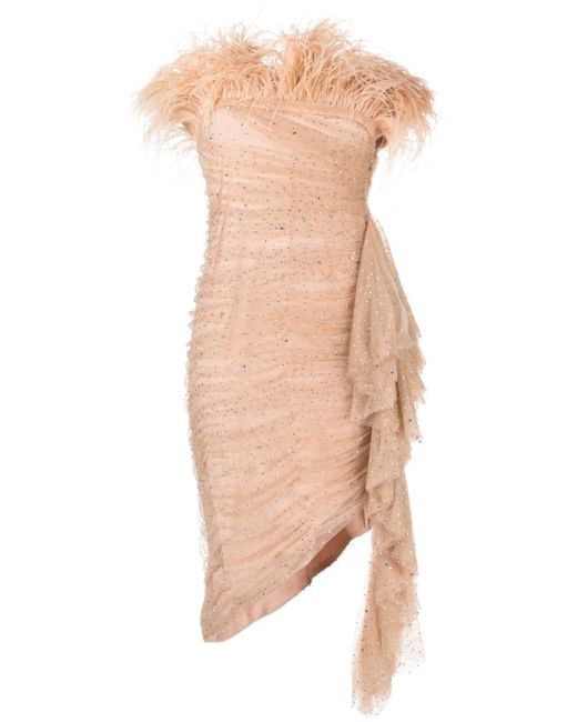 Badgley Mischka feather-trim asymmetric dress