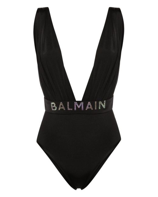 Balmain rhinestone-detailed draped swimsuit