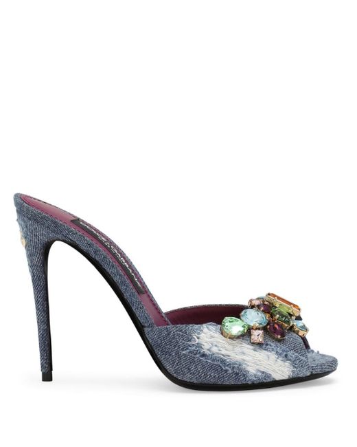 Dolce & Gabbana crystal-embellished distressed denim mules