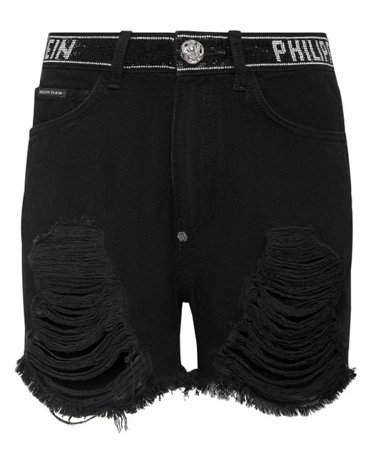 Philipp Plein crystal-embellished raw-cut denim shorts
