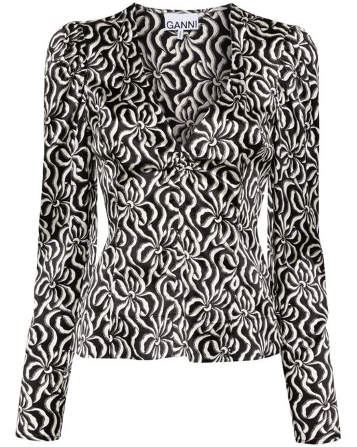 Ganni graphic-print silk blouse