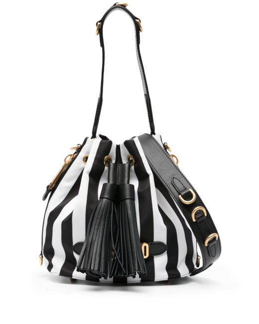 Moschino logo-lettering striped bucket bag