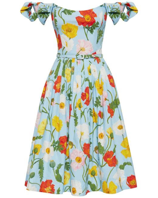 Oscar de la Renta Painted Poppies-print cotton midi dress