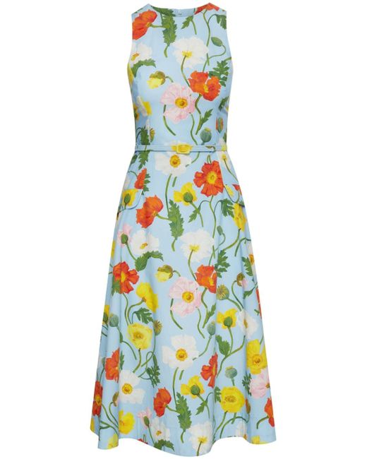 Oscar de la Renta Painted Poppies-print poplin midi dress