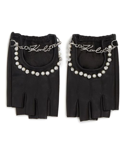 Karl Lagerfeld Signature pearl-embellished fingerless gloves