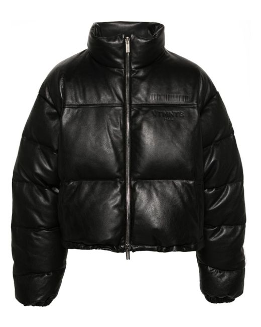 Vtmnts debossed-logo leather puffer jacket
