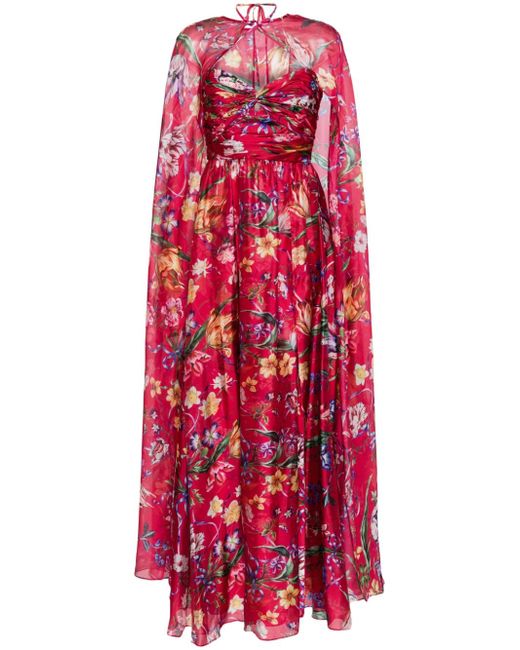 Marchesa Notte Ribbons floral-print cape gown