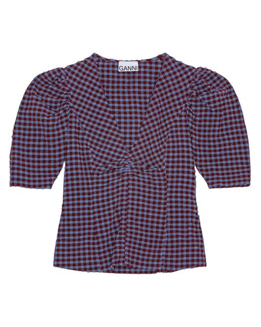 Ganni check-pattern seersucker blouse