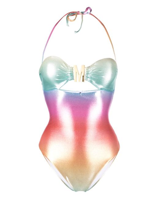 Moschino logo plaque iridescent-effect swimsuit