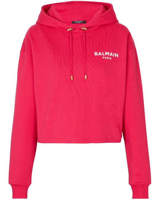 Balmain logo-flocked cropped hoodie