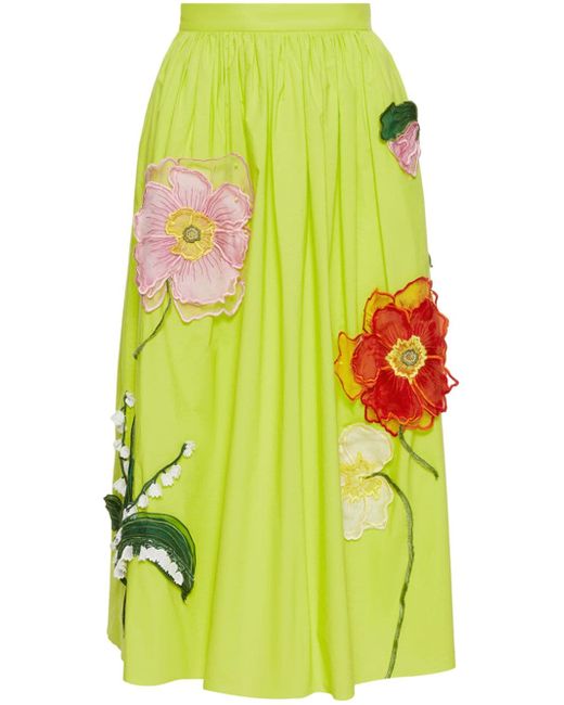 Oscar de la Renta floral-appliqué cotton midi skirt