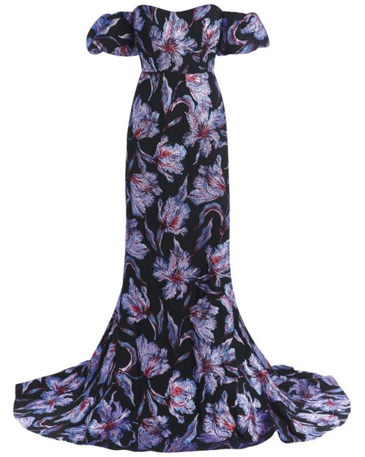 Markarian floral-brocade puff-sleeve gown