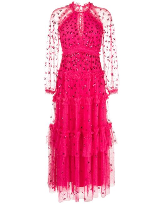needle & thread sequin-embellished sheer-sleeves gown