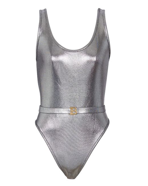 Balmain belted metallic-finish swimsuit
