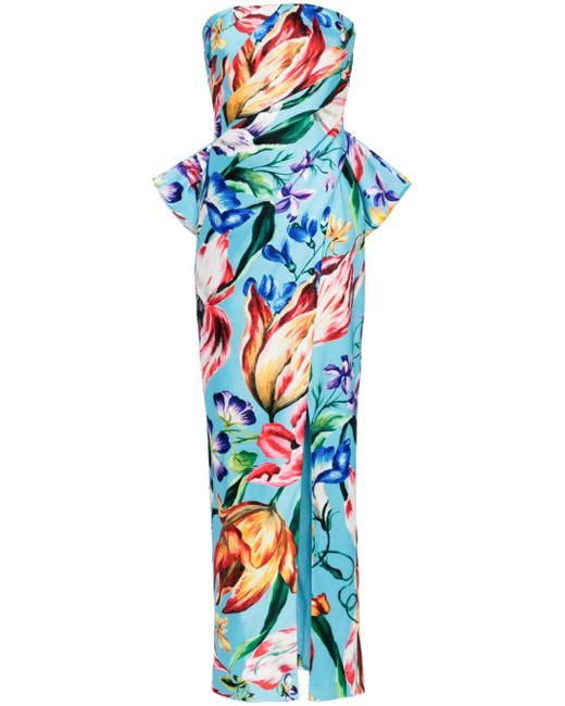 Marchesa Notte Mikado floral-print strapless gown