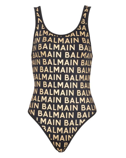Balmain metallic-threaded logo swimsuit