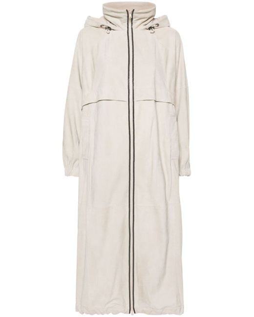 Brunello Cucinelli hooded suede trench coat