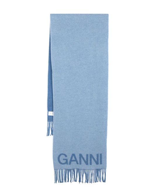Ganni fringed recycled wool-blend scarf