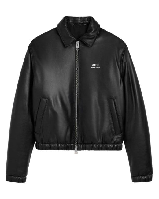 AMI Alexandre Mattiussi logo-lettering leather bomber jacket