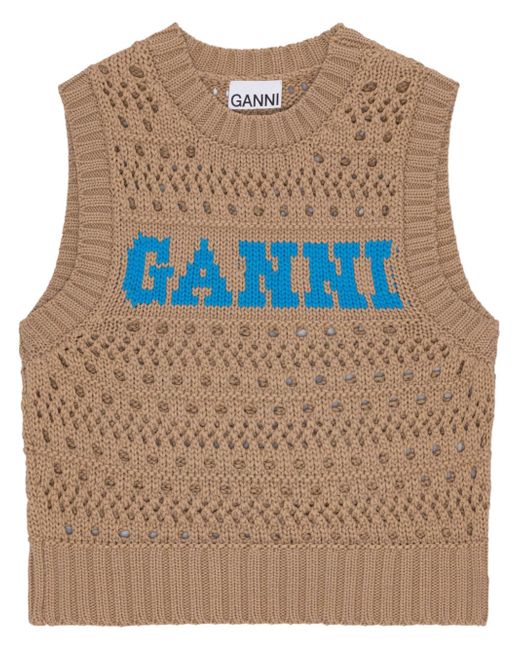 Ganni logo-intarsia knitted top