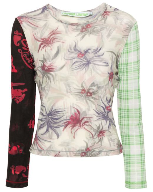 Chopova Lowena Floral Plaid-print mesh T-shirt