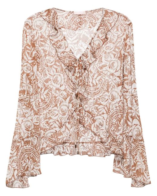 Liu •Jo lace-print semi-sheer blouse