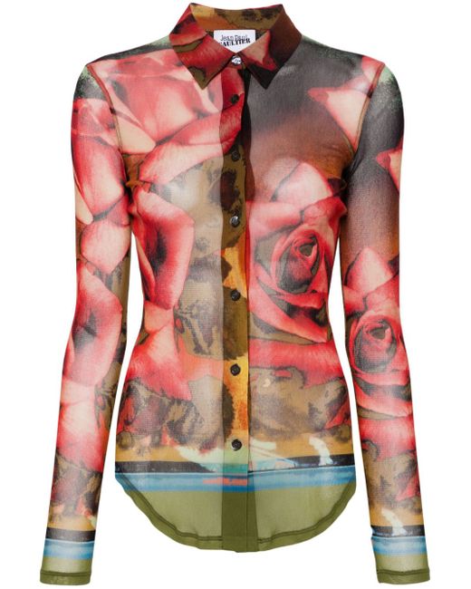 Jean Paul Gaultier rose-print mesh shirt