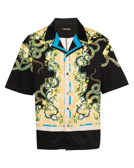 Roberto Cavalli Lemon And Snake-print bowling shirt