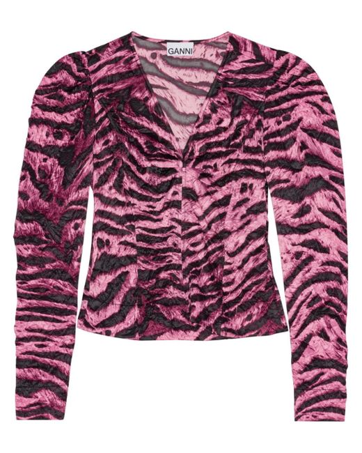 Ganni tiger-print crinkled blouse