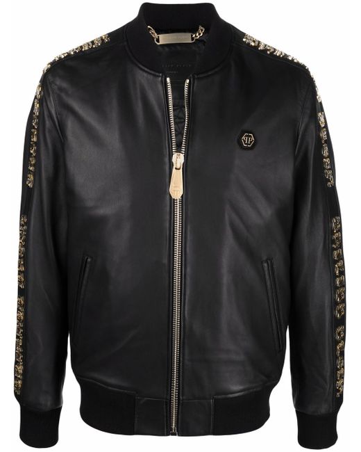 Philipp Plein logo-embellished leather bomber jacket