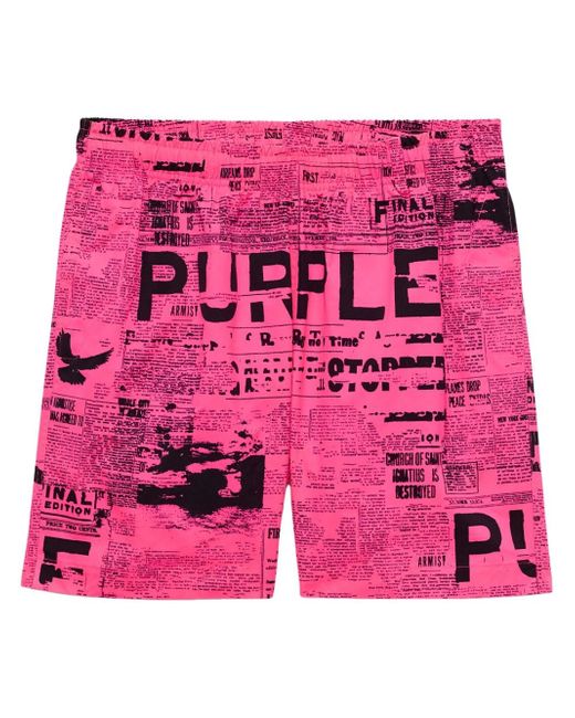 Purple Brand newspaper-print swim shorts