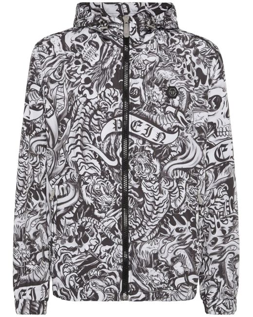 Philipp Plein tattoo-print hooded windbreaker jacket