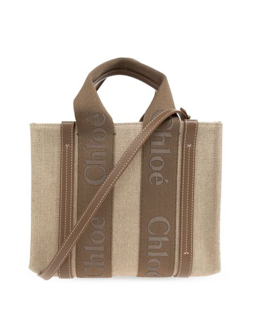 Chloé small Woody logo-strap linen tote bag