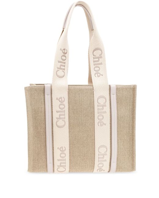 Chloé medium Woody logo-strap linen tote bag