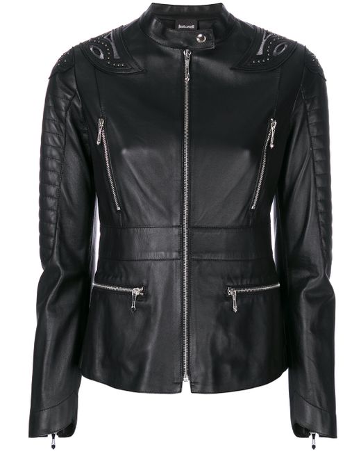 Just Cavalli embroidered back zip detailed leather jacket