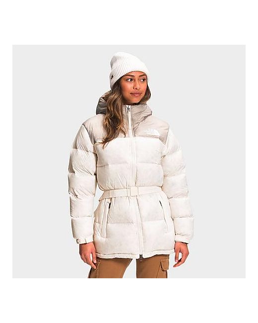 The North Face Inc Nuptse Belted Mid Jacket in White/Animal Print/Gardenia White