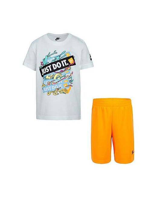 Nike Boys Little JDI Graphic T-Shirt and Shorts Set in White/Orange/White