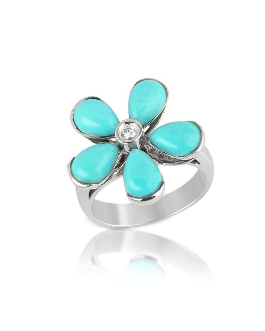 Del Gatto Designer Rings Diamond and Turquoise Flower 18K Ring