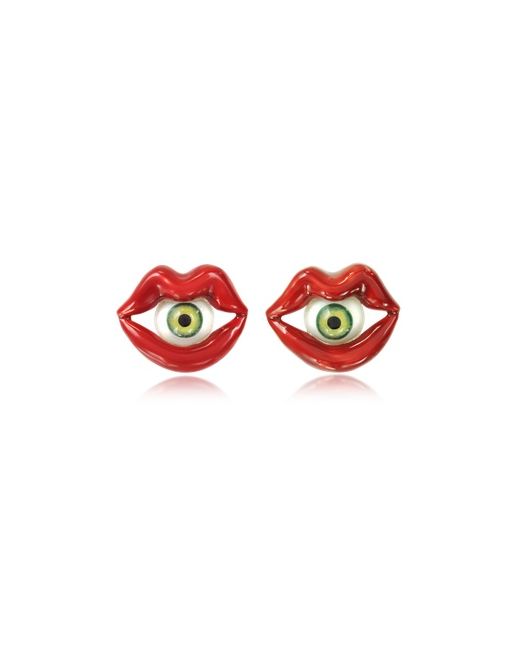 Bernard Delettrez Enamel Bronze Mouth Earrings w/Eye