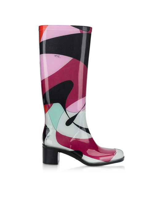 Emilio Pucci Designer Shoes Abstract Print Tall Rain Boots