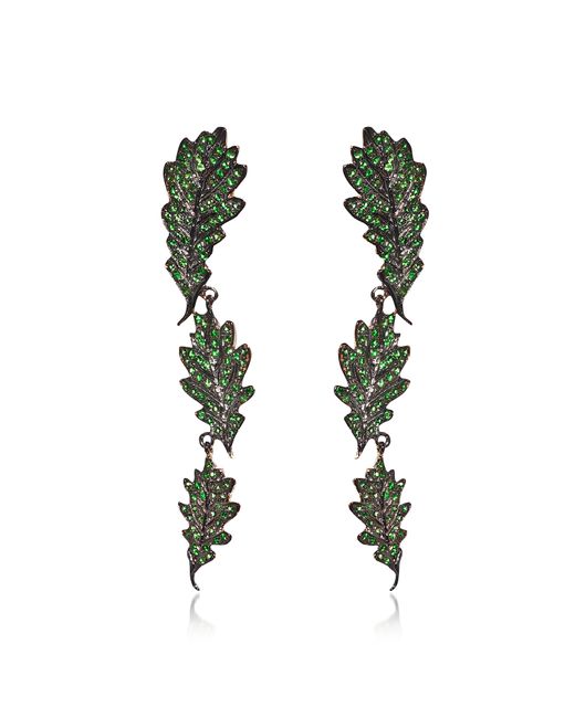 Bernard Delettrez Designer Earrings Oak Leaves Long Gold w Tsavorites
