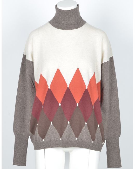 Ballantyne Designer Knitwear Brown Cashmere Turtleneck Sweater w/Argyle Inlay